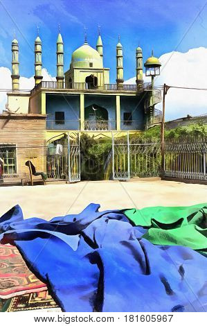 Colorful painting of old mosque with colored textile on foreground