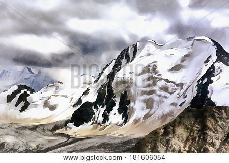 Colorful mountain scape painting with snowy rocks and cloudy sky