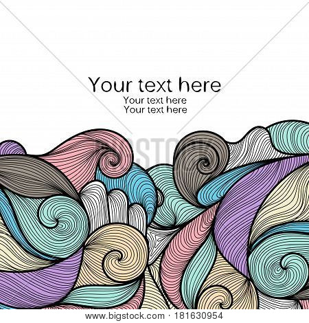 Abstract pattern vivid background with colorful ornament. Hand draw illustration. Sea waves or clouds motif banner with text box place.