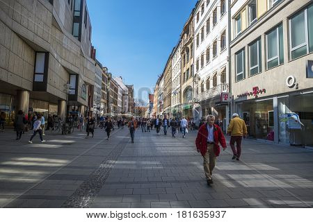 Munich-Bavaria-Germany. March 29 2017. View of Kaufingerstraße (Kaufinger street) with people walking. Near the Marienplatz