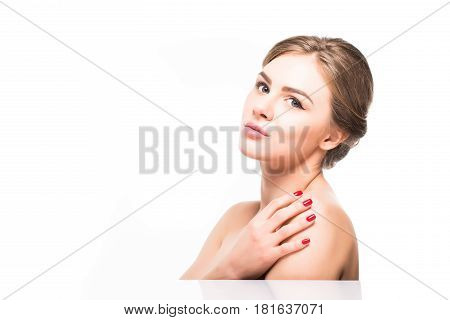 Beautiful Woman Skincare Portrait With Hand Over White Background