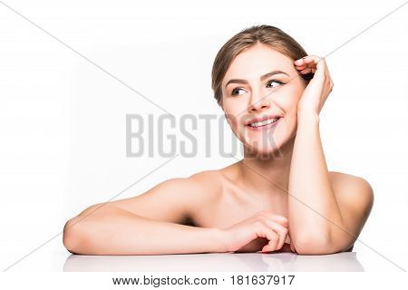 Beautiful Woman Skincare Portrait With Hand Over White Background