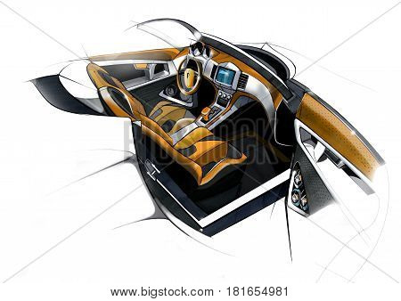 Sketch design of the modern conceptual interior of a sports coupe car. Drawing by hand. Illustration.