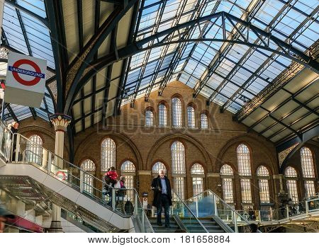 LONDON UK - 25th November 2016: Liverpool Street Mainline Station stairs and roof