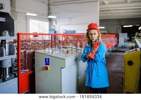 Beautiful Woman In Red Safety Helmet Work As Industrial Worker