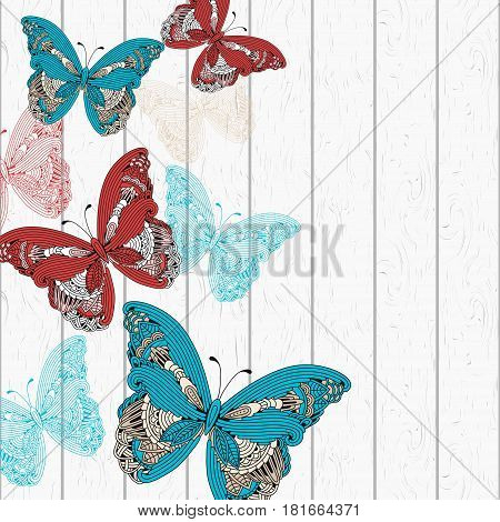 Colorful zen art deteiled butterflies on a wooden background vector illustration