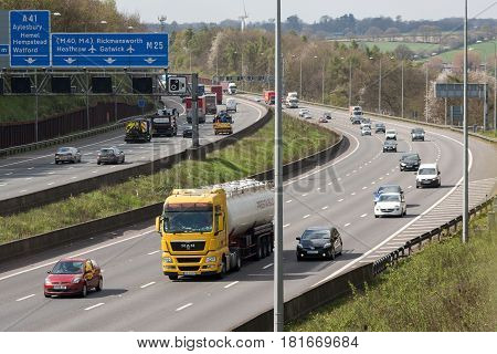 London UK - March 05 2017: Traffic on the busiest British motorway M25