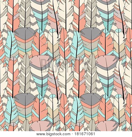 Seamless vector pattern with colored feathers on zigzag background. Hand drawn illustration. Bohemian style feathers for printswrapping fabric and other seamless design. Seamless texture of graphic feather.