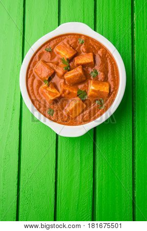 paneer butter masala or cheese cottage curry, popular indian lunch/dinner menu in weddings or parties, selective focus