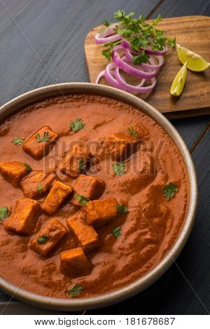 paneer butter masala or cheese cottage curry, popular indian lunch/dinner menu in weddings or parties, selective focus