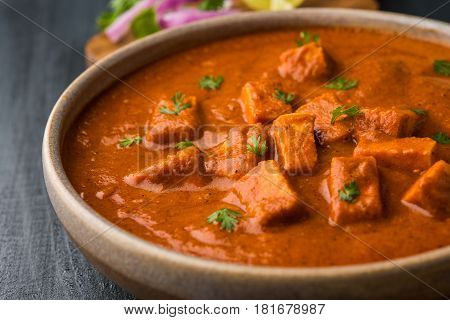 paneer butter masala or cheese cottage curry, popular indian lunch/dinner menu in weddings or parties, selective focus