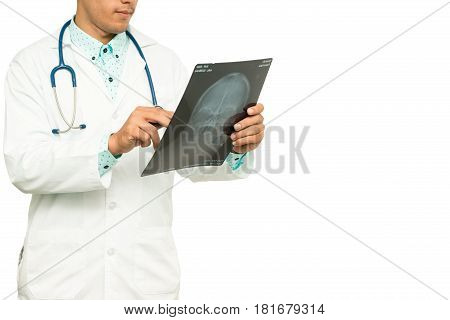 Asian Male Medical Doctor With Xray Film On White Background