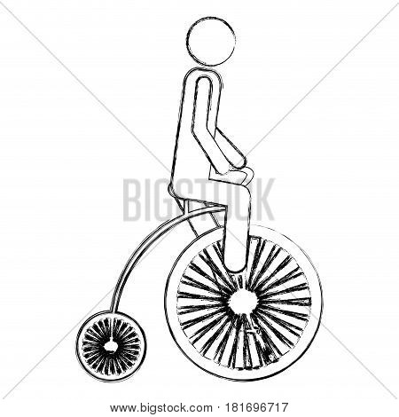 monochrome sketch pictogram of man in penny farthing vector illustration
