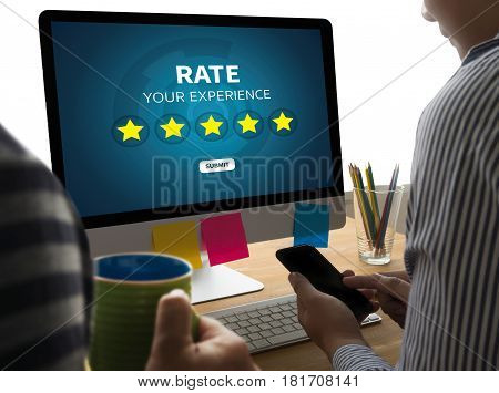 Businessman Holding Five Star Rating  Review Increase Rating Or Ranking, Evaluation And Classificati
