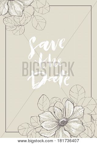 Vector vintage Save the Date with anemone. Detailed graphic drawing. Great for wedding invitations, birthday, valentine's, save the date and greeting cards.