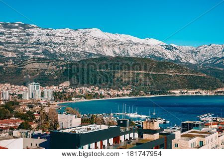 Snow-covered mountains of Budva in Montenegro, Adriatic sea