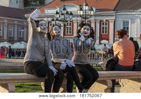 TIMISOARA ROMANIA - March 31 2017: Pantomime waving and smiling at the CheckArt Carnaval. Union Square.