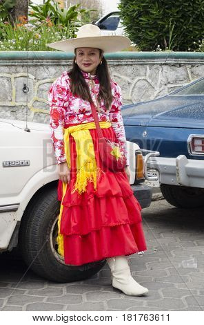 NATÍVITAS, TLAXCALA, MEXICO- MARCH 26, 2017: Woman dressed up like an adelita at Natívitas carnival. This carnival represents the battle of Puebla that took place on 5 May, 1862.