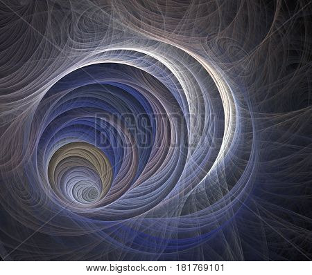 An abstract computer generated modern fractal design on dark background. Fluffy spiral. Surface pattern