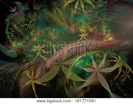 An abstract computer generated modern fractal design on dark background. Abstract fractal color texture. Digital art. Abstract Form & Colors. Abstract fractal element pattern for your design. The floral universe. Flowers in the bubbles