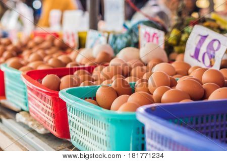 The Eggs - Chicken And Quail In The Wicker Basket On The Vietnamese Market. Asian Food Concept