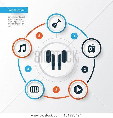 Audio Icons Set. Collection Of Music, Earmuff, Instrument And Other Elements. Also Includes Symbols Such As Start, Musical, Octave.