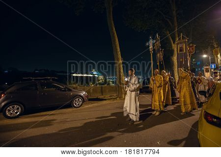 PORTO, PORTUGAL - APR 16, 2017: Night Easter procession during celebrations of Orthodox Easter in Parish of Sainted New Martyrs and Confessors of Russia at Russian Orthodox Church. 