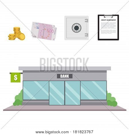 Vector illustration bank facade building in flat style. Finance and banking icon set.