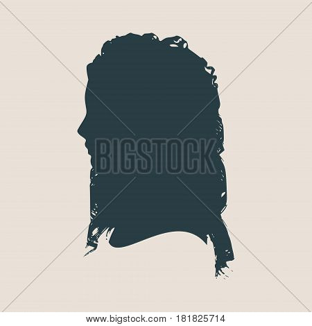 Face side view. Elegant silhouette of a female head. Vector Illustration. Long curly hair. Monochrome gamma.