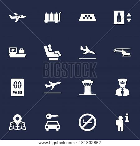 Set Of 16 Aircraft Icons Set.Collection Of Forbidden, Letdown, Transporter Car And Other Elements.