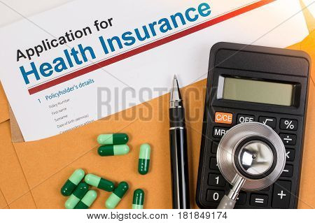 Application Form For Health Insurance, Paperwork, Questionnaire, Pen, Tablet, Calculator, Envelope A