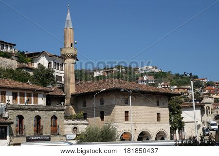 BERAT, ALBANIA - OCTOBER 01, 2016: Traditional ottoman houses in old town Berat known as the White City of Albania on October 01, 2016.