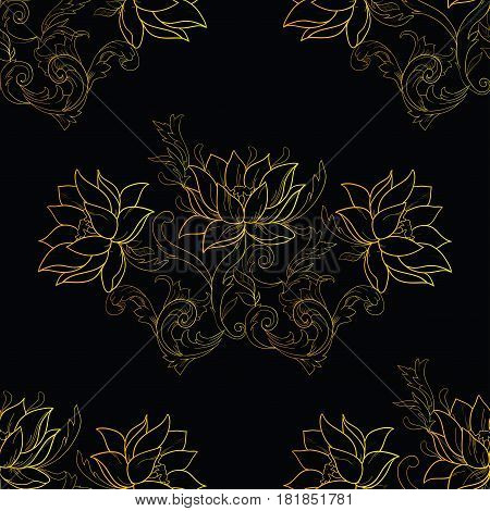 Seamless beautiful pattern of flowers on black background.