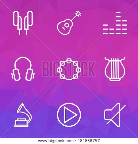 Audio Outlines Set. Collection Of Equalizer, Phonograph, Circle And Other Elements. Also Includes Symbols Such As Soundless, Tambourine, Guitar.