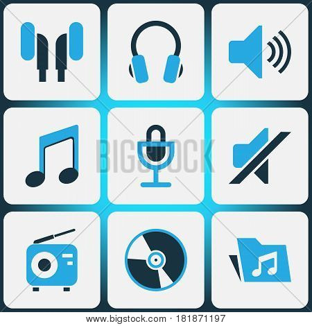 Audio Colored Icons Set. Collection Of Headset, Note, Mute And Other Elements. Also Includes Symbols Such As Music, Mike, Folder.