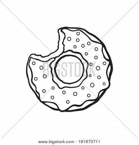 Vector illustration. Hand drawn doodle of bitten donut with glaze and powder. Cartoon sketch. Decoration for greeting cards posters emblems wallpapers menus..doodle vector bitten donut doughnut dessert glaze powder bakery menu hand drawn isolated contour