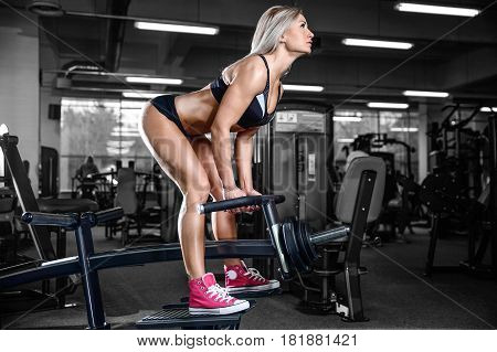 Beautiful Sexy Caucasian Fitness Girl Training Back In Gym Pumping