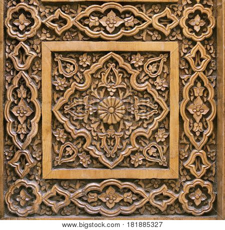Close-up of a traditional carved wooden door, Uzbekistan