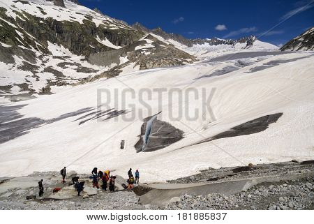 Expedition team is ready for a hike over the Rhone Glacier