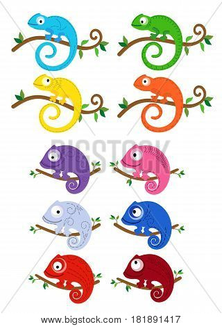 A collection of vector funny colorful chameleons on branches with leaves.
