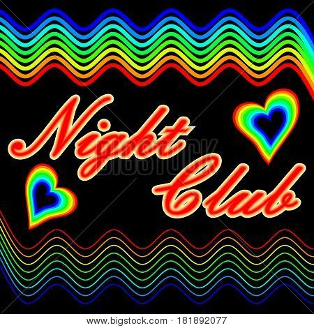 Night club billboard in cheerful neon contrasting colors on the dark area