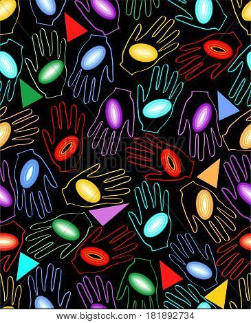 Grunge seamless dark background with rainbow circles on the palm