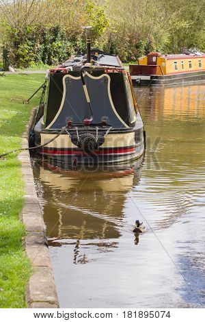 Barges moored up on the Shropshire Union canal a popular holiday getaway and alternative lifestyle on the rural inland waterway network