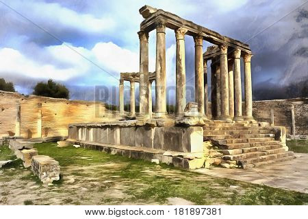 Colorful painting of Junona temple Dougga Thugga Tunisia