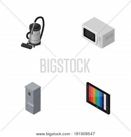 Isometric Electronics Set Of Kitchen Fridge, Vac, Microwave And Other Vector Objects. Also Includes Fridge, Stove, Television Elements.