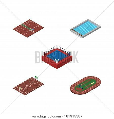 Isometric Lifestyle Set Of B-Ball, Volleyball, Basin And Other Vector Objects. Also Includes Pool, Running, Run Elements.