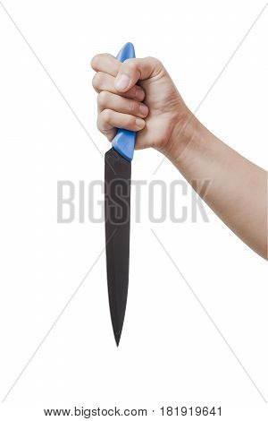Close up two hand holding knife on white background. File contains a clipping path.