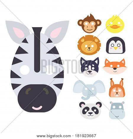 Animals carnival mask vector set festival decoration masquerade and party costume cute cartoon head decor isolated celebration vector illustration. Traditional fantasy drawing wild character.