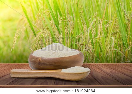 white rice heap in wooden cup and spoon with rice field background