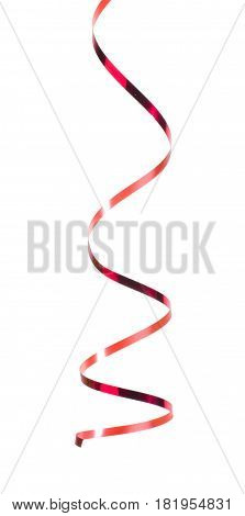 curly red loop from ribbon bow on white background